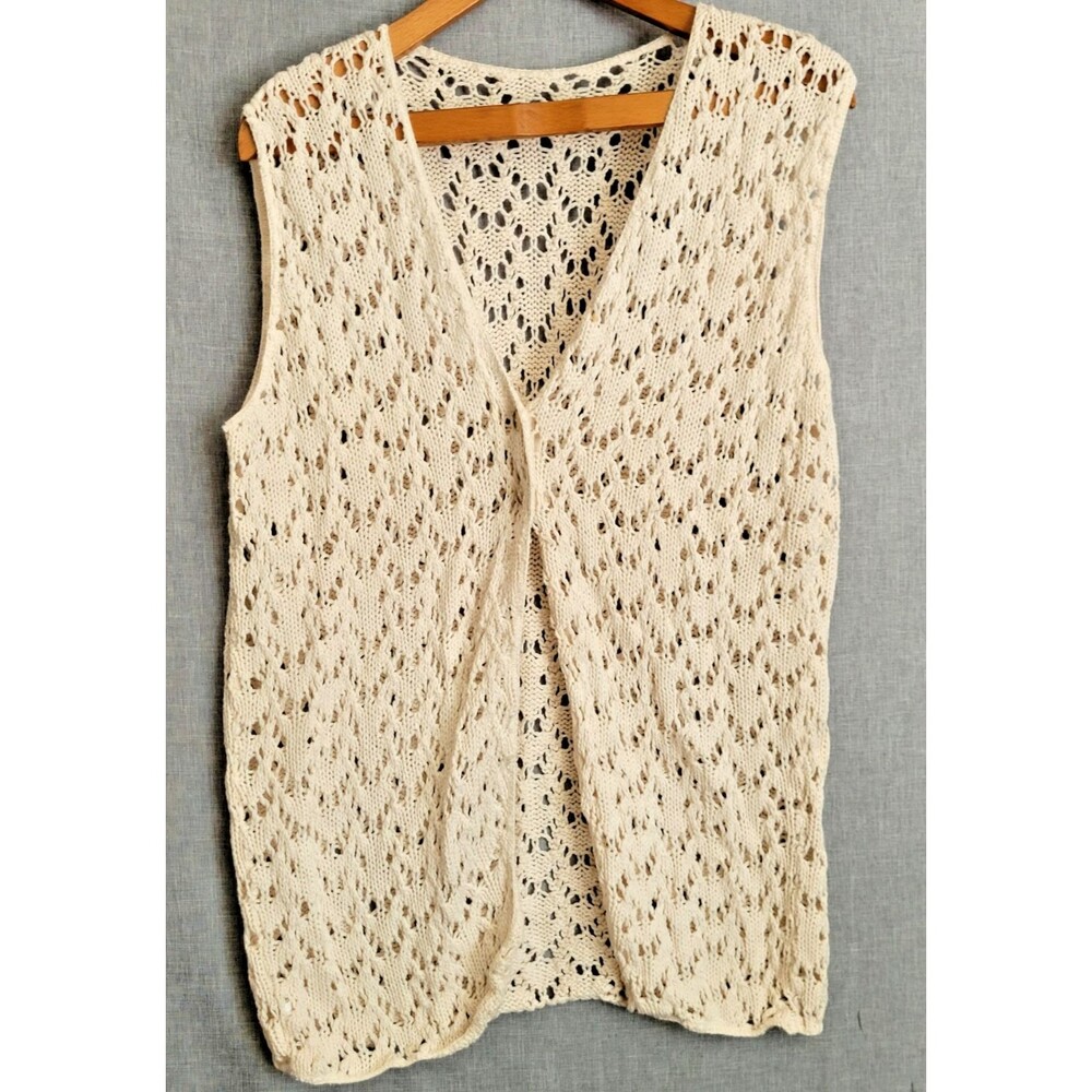 Ivory Cream Cottagecore Open Knit Long Sweater Vest Size L